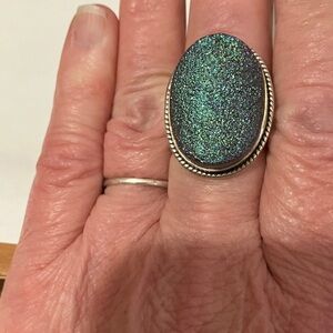 Oval Teal Druzy Statement Ring in Sterling Silver